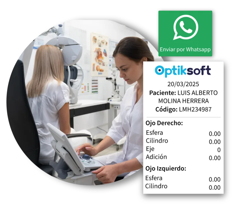 Optometrista realizando un estudio de refracción a una paciente, con el recibo de graduación generado por Optiksoft y listo para enviar por WhatsApp