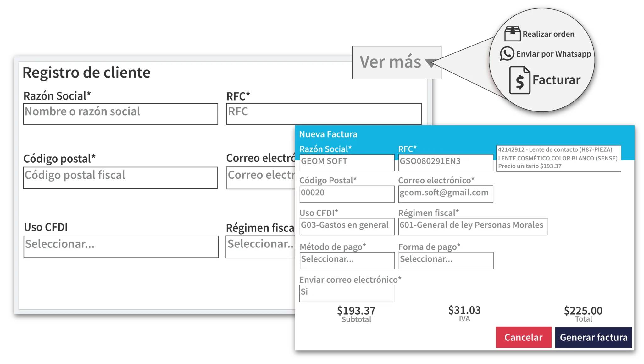 Formulario de nueva factura de Optiksoft con datos fiscales del cliente, totales con IVA y opciones para facturar o enviar por WhatsApp