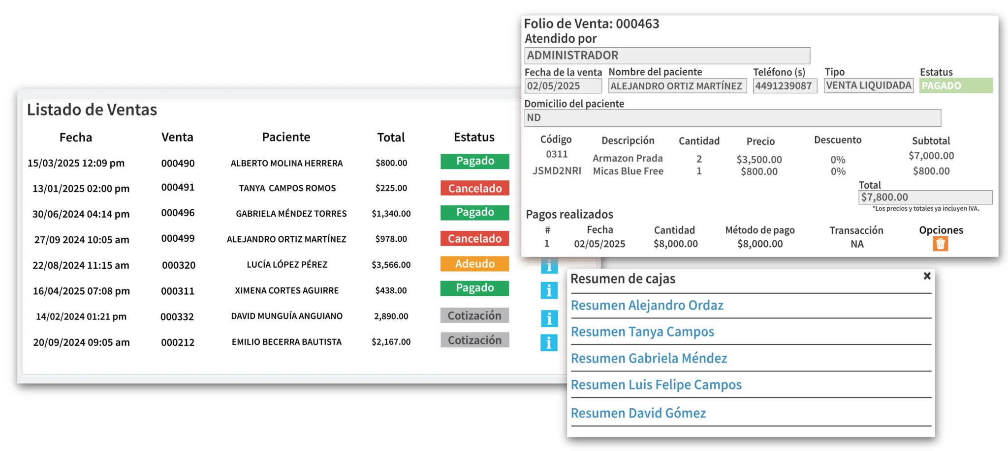 Listado de ventas de Optiksoft con estatus de pago, folio de venta detallado y resumen de cortes de caja por usuario
